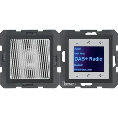 Radio Touch DAB+ z głośnikiem i Bluetooth Berker w kolorze antacyt mat, z ekranem dotykowym i intuicyjnym menu.