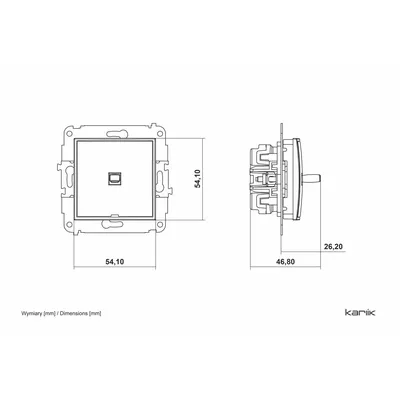 Schemat techniczny łącznika jednobiegunowego Karlik ICON w kolorze czarny mat, z widocznymi wymiarami: 54,10 mm x 54,10 mm, głębokość 46,80 mm, wysokość 26,20 mm.