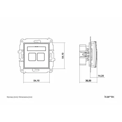Gniazdo komputerowe podwójne RJ45 Karlik ICON czarny mat - schemat techniczny z wymiarami.