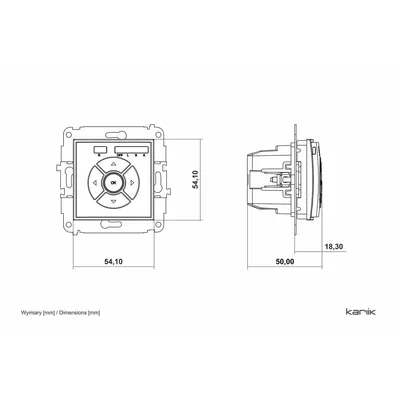 Schemat techniczny elektronicznego sterownika roletowego Karlik ICON 12ISR-4 z widocznymi wymiarami: 54,10 mm, 50,00 mm, 18,30 mm.