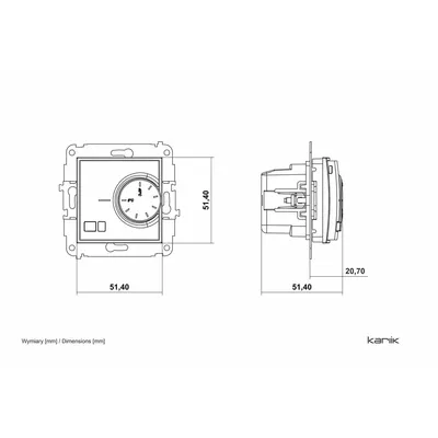 Schemat techniczny regulatora temperatury Karlik ICON 25IRT-2 z czujnikiem powietrznym, z widocznymi wymiarami.
