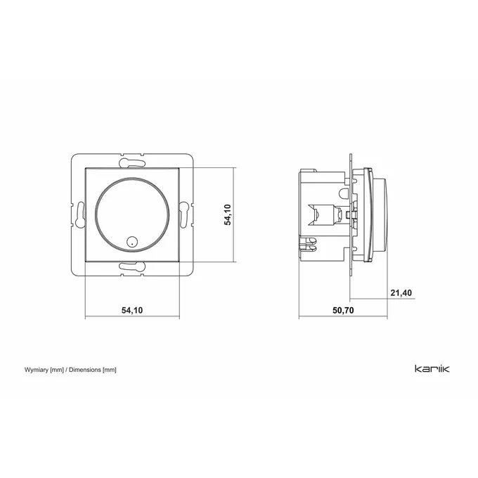 Schemat techniczny ściemniacza przyciskowo-obrotowego Karlik ICON Biały mat 25IRO-1 z podanymi wymiarami: 54,10 mm, 50,70 mm, 21,40 mm.
