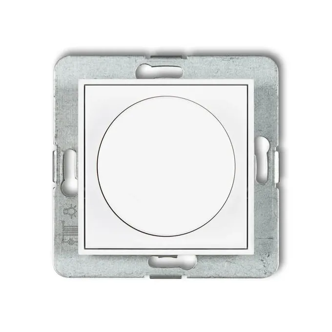 Ściemniacz przyciskowo-obrotowy Karlik ICON, biały mat, model 25IRO-1, z metalowym mechanizmem mocującym.