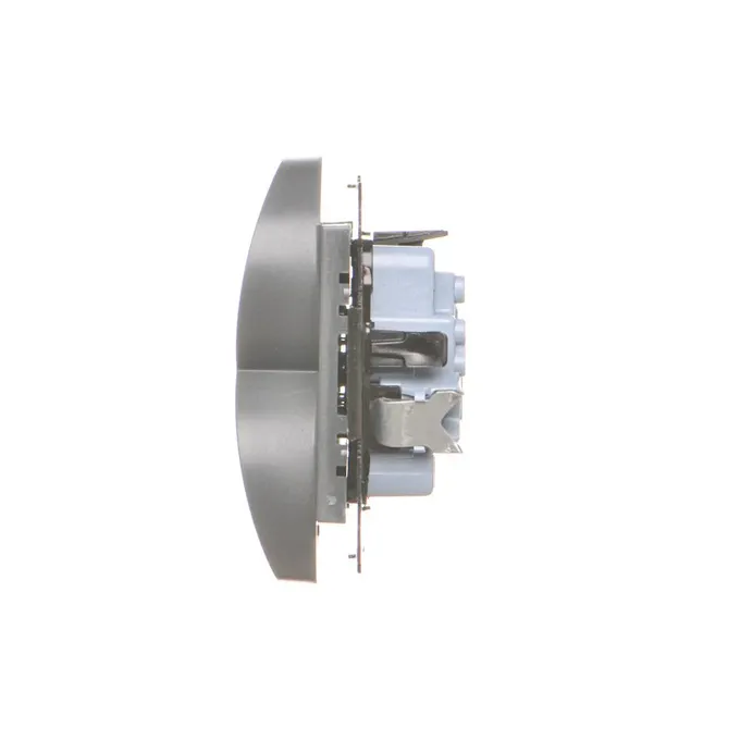 Gniazdo podwójne z uziemieniem Simon 55 w kolorze grafitowego matu, widok z boku na mechanizm.