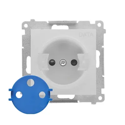 Pokrywa gniazda pojedynczego DATA z przesłonami Aluminium mat Simon 55 TGD1ZP/143, z widocznym mechanizmem i niebieską zaślepką.