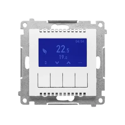 Regulator temperatury z wyświetlaczem Biały mat Simon 55 TETD1A.01/111, z niebieskim ekranem pokazującym 22.5 stopnia Celsjusza.