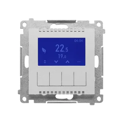 Regulator temperatury z wyświetlaczem Simon 55 Aluminium mat TETD1A.01/143, z niebieskim ekranem pokazującym temperaturę 22.5 i 19.0.