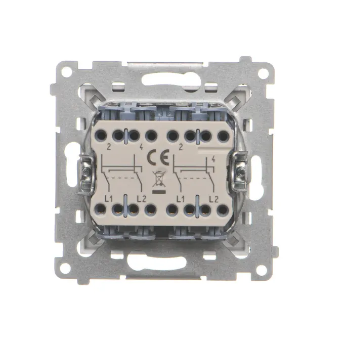Tył łącznika krzyżowego podwójnego Simon 55 Aluminium mat z oznaczeniami L1, L2 i symbolem CE.
