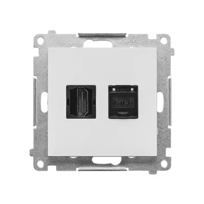 Gniazdo HDMI i RJ45 kat. 6 Simon 55 w kolorze jasnoszarym matowym, z metalowym mocowaniem.