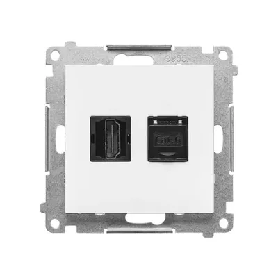 Gniazdo HDMI i RJ45 kat. 6 białe matowe Simon 55 - TGHRJ45.01/111, z widocznym portem HDMI i złączem sieciowym Cat.6.