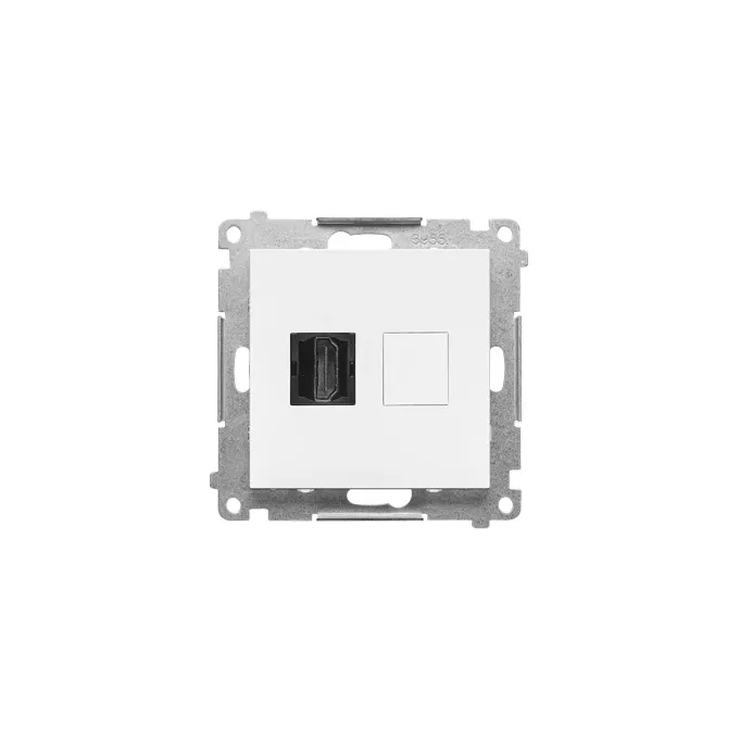 Gniazdo HDMI pojedyncze Simon 55 w kolorze białym matowym, z metalowym mocowaniem, widok z przodu.