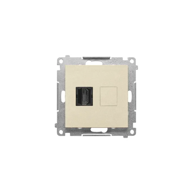 Gniazdo HDMI pojedyncze Simon 55 w kolorze szampańskiego matu, z czarnym portem HDMI i zaślepką.