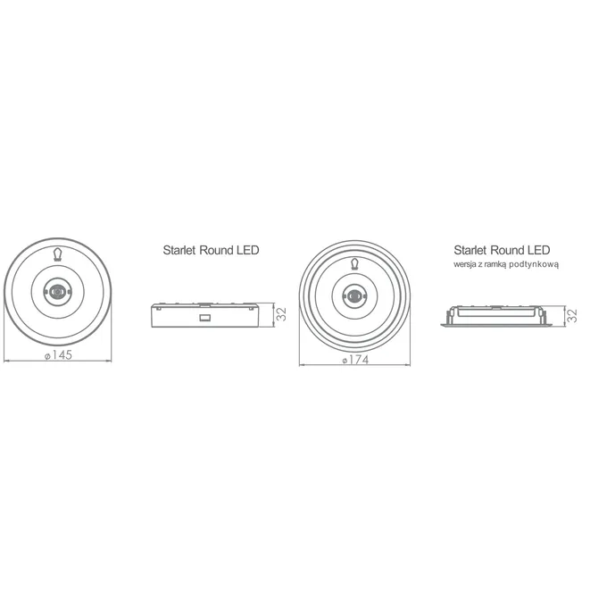 Schemat techniczny oprawy awaryjnej Starlet Round LED z widocznymi wymiarami średnicy 145 mm i wysokości 32 mm.