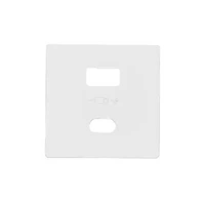 Biała pokrywa ładowarki podwójnej USB Simon 82 z wycięciami na porty i symbolem ładowania.