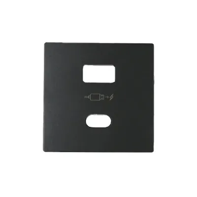Grafitowa pokrywa ładowarki podwójnej USB Simon 82 z symbolem ładowania i dwoma otworami.
