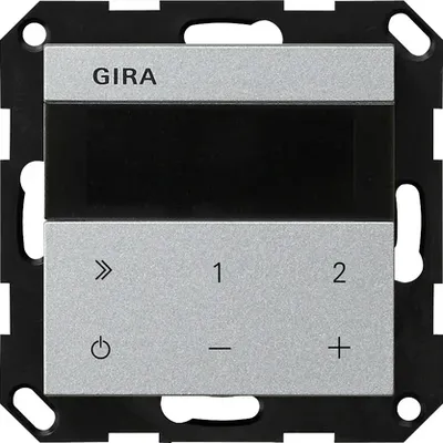 Radio internetowe Gira System 55 z Bluetooth, aluminiowe, z wyświetlaczem i przyciskami sterującymi.