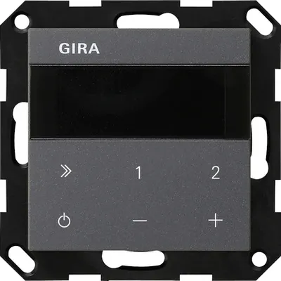 Radio internetowe z Bluetooth Gira System 55 w kolorze antracytowym z wyświetlaczem i przyciskami sterującymi.