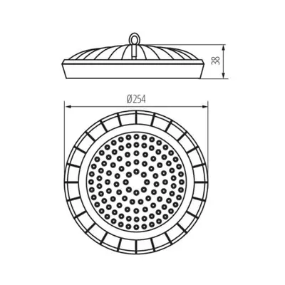 Schemat techniczny oprawy LED high bay UFO Kanlux Miledo: średnica 254 mm, wysokość 38 mm.