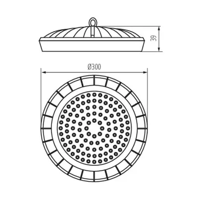 Schemat techniczny oprawy LED high bay UFO Kanlux Miledo z wymiarami: średnica 300 mm, wysokość 39 mm.