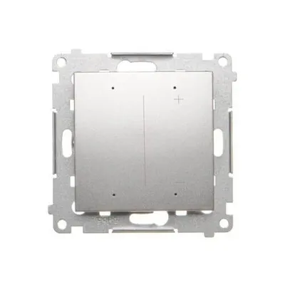 Srebrny matowy sterownik ściemniający LED z Wi-Fi Simon 54 GO, model DESL1W.01/43, widok z przodu na metalowej ramce montażowej.