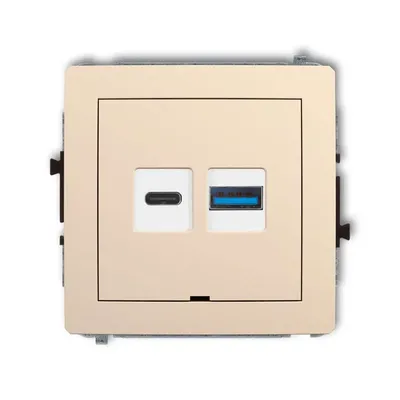 Beżowa ładowarka podwójna USB typu A+C Quick Charge Karlik DECO z jednym portem USB-C i jednym USB-A.
