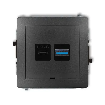 Grafitowa ładowarka podwójna USB typu A+C Quick Charge Karlik DECO z portem USB-C i portem USB-A.
