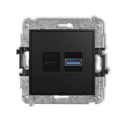 Karlik ICON podwójna ładowarka USB-C i USB-A czarny mat, z mocowaniem do instalacji podtynkowej.