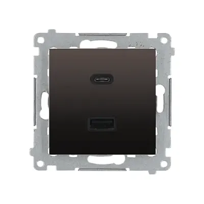Ładowarka podwójna USB typu A+C Quick Charge Brąz mat Simon 54 - DEC2CAQ.01/46, z widocznym gniazdem USB-C i USB-A.