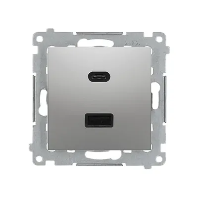Ładowarka podwójna USB typu A+C Quick Charge Srebrny mat Simon 54 - DEC2CAQ.01/43 z portem USB-C i USB-A.