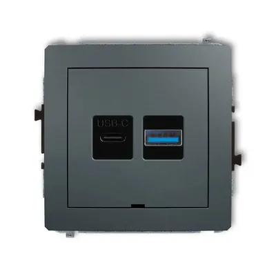 Podwójna ładowarka USB typu A+C Quick Charge Karlik DECO w kolorze szarym matowym, z jednym portem USB-C i jednym portem USB-A.