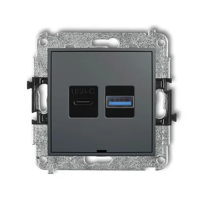 Podwójna ładowarka USB typu A+C Quick Charge Karlik MINI w kolorze grafitowym matowym, z widocznymi portami USB-C i USB-A.