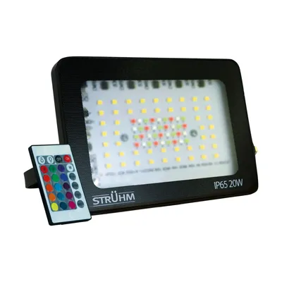 Czarny reflektor ogrodowy LED 20W z pilotem RGBW, wodoodporny IP65, marki Strühm Ideus.