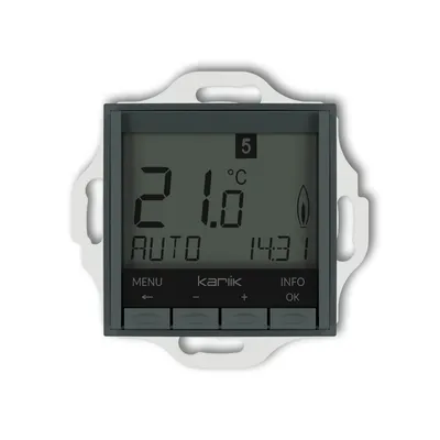 Elektroniczny regulator temperatury Karlik ICON grafitowy mat z niebieskim podświetleniem, wyświetlający aktualną temperaturę 21.0°C.