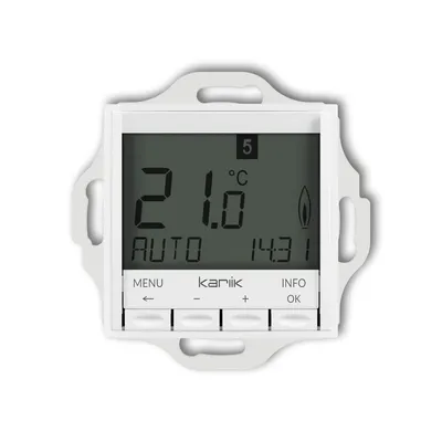 Elektroniczny regulator temperatury Karlik ICON w kolorze białym matowym, z cyfrowym wyświetlaczem pokazującym 21.0°C i funkcją AUTO.