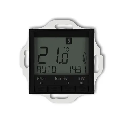 Elektroniczny regulator temperatury Karlik ICON w kolorze czarnym matowym z białym podświetleniem, wyświetlający 21.0°C.