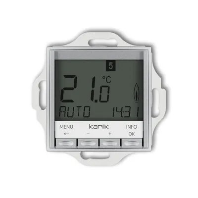 Elektroniczny regulator temperatury Karlik ICON w kolorze srebrny metalik z niebieskim podświetleniem, wyświetlający aktualną temperaturę 21.6°C.