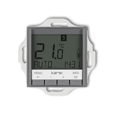 Elektroniczny regulator temperatury Karlik ICON w kolorze szarym matowym, z białym podświetleniem i cyfrowym wyświetlaczem pokazującym 21.6°C.