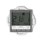Elektroniczny regulator temperatury Karlik ICON w kolorze szarym matowym, z niebieskim podświetleniem i wyświetlaczem LCD.