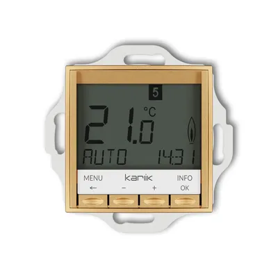 Elektroniczny regulator temperatury Karlik ICON w kolorze złotym z białym podświetleniem, pokazuje aktualną temperaturę 21.0°C i tryb AUTO.