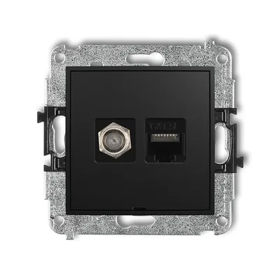 Gniazdo komputerowo-antenowe RJ45 Karlik MINI w kolorze czarny mat, kategoria 5e, z jednym gniazdem antenowym i jednym gniazdem sieciowym.