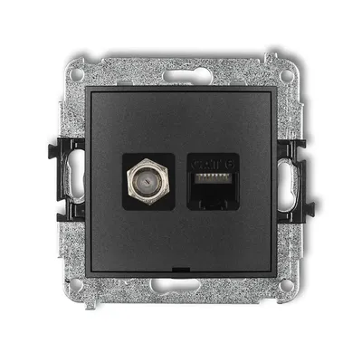 Gniazdo komputerowo-antenowe RJ45, kat.6 Karlik MINI w kolorze grafitowym z metalową ramką montażową.