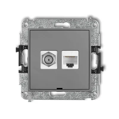Gniazdo komputerowo-antenowe RJ45, kat.6 Szary mat Karlik MINI - 27MGFKBO-3, z jednym gniazdem antenowym i jednym gniazdem sieciowym RJ45.