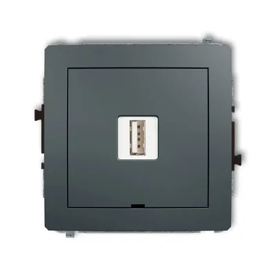 Karlik DECO grafitowa matowa ładowarka pojedyncza USB typu A 2A, model 28DCUSBBO-3, z białym gniazdem USB.