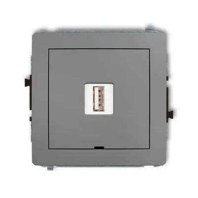 Ładowarka pojedyncza USB typu A 2A Szary mat Karlik DECO - 27DCUSBBO-3, z jednym portem USB, idealna do ładowania urządzeń mobilnych.