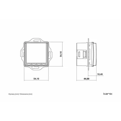 Schemat techniczny regulatora temperatury Karlik ICON 7IRT-3.2 z wymiarami: 54,10 mm x 54,10 mm, głębokość 44 mm, wysokość 18,40 mm.