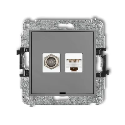 Szare matowe gniazdo Karlik MINI z jednym gniazdem antenowym i jednym gniazdem komputerowym RJ45 kat. 5e.