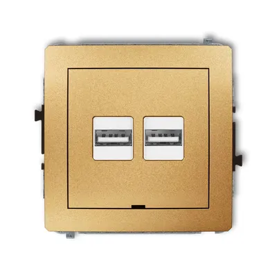 Złota podwójna ładowarka USB typu A+A Karlik DECO 29DCUSBBO-6 z dwoma portami USB na białym tle.