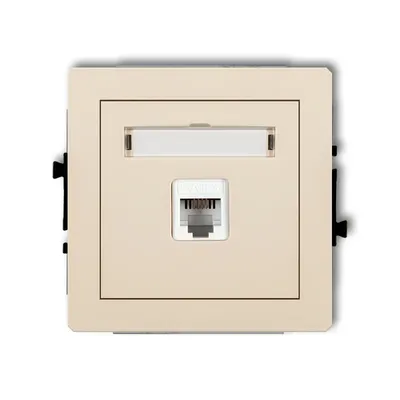 Beżowe pojedyncze gniazdo telefoniczne Karlik DECO z polem opisowym, model 1DGT-1, z jednym portem RJ45.