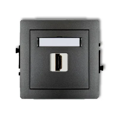 Gniazdo HDMI pojedyncze Karlik DECO w kolorze grafitowym z polem opisowym, idealne do nowoczesnych instalacji.