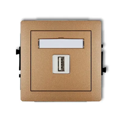 Gniazdo USB-A 2.0 pojedyncze Karlik DECO w kolorze złotego metaliku z polem opisowym.